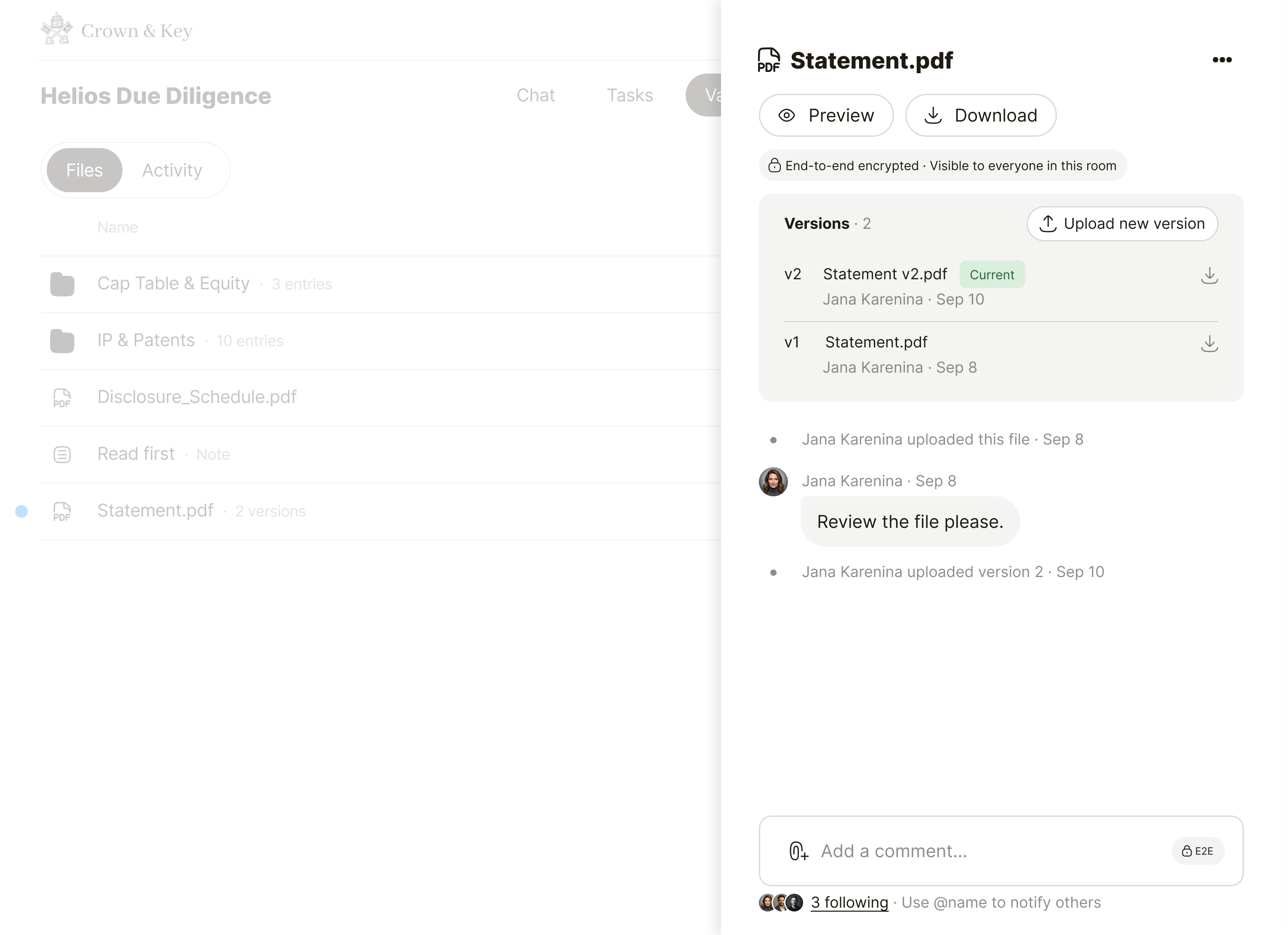 Qaxa private deal room file panel showing comments, version history, followers, and end-to-end encryption on a document.