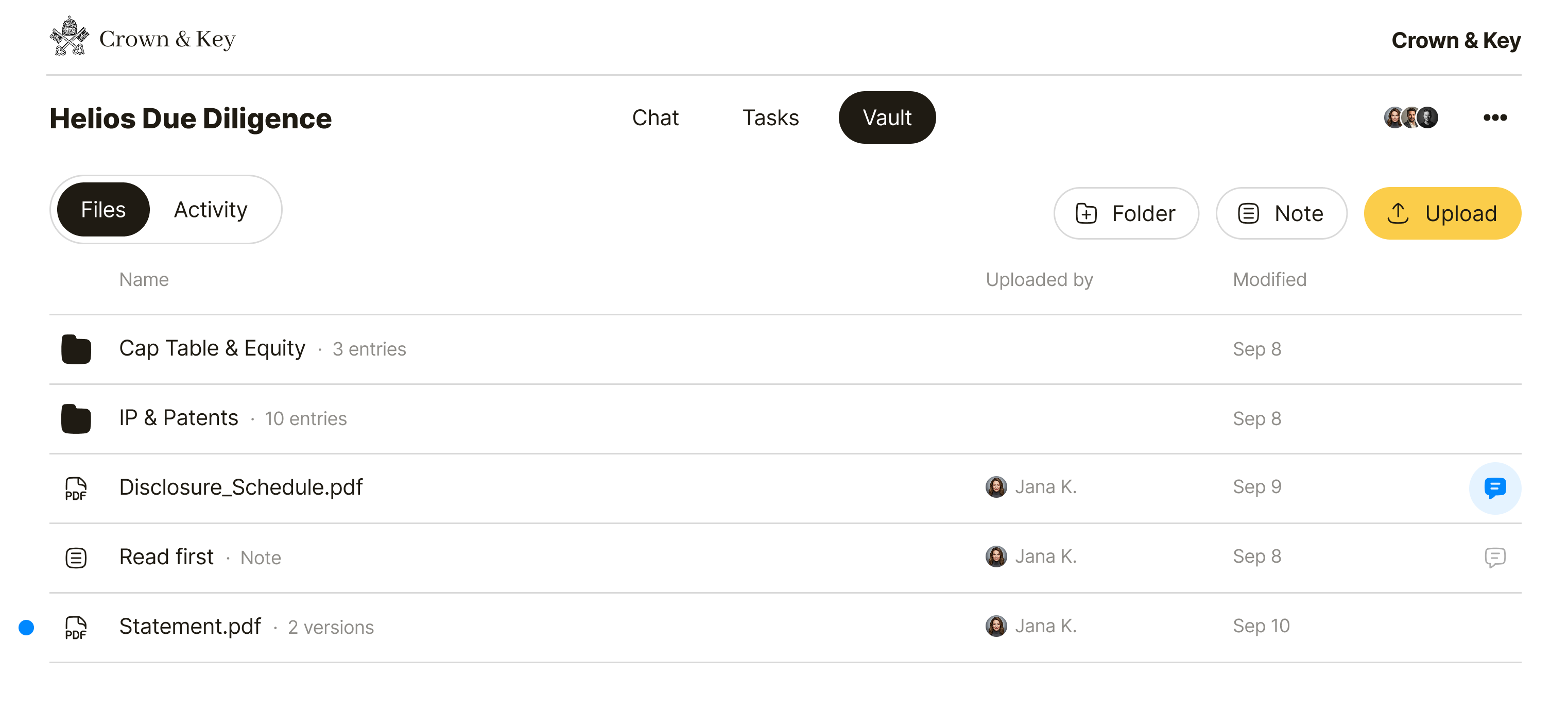 Qaxa private deal room Vault showing organized deal folders, a disclosure schedule, and a single versioned document with uploader and date.